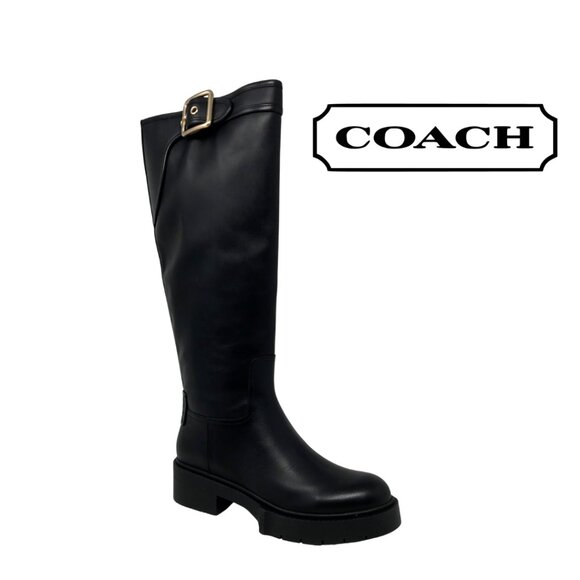 NWB COACH Women's Lilli Buckled-Strap Leather Riding Boot 7, Black - Picture 1 of 7
